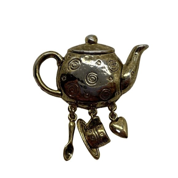 Teapot Gold Tone Brooch Tea Kettle Pin with Dangles Kitchen Theme Whimsical Pin - Picture 2 of 8